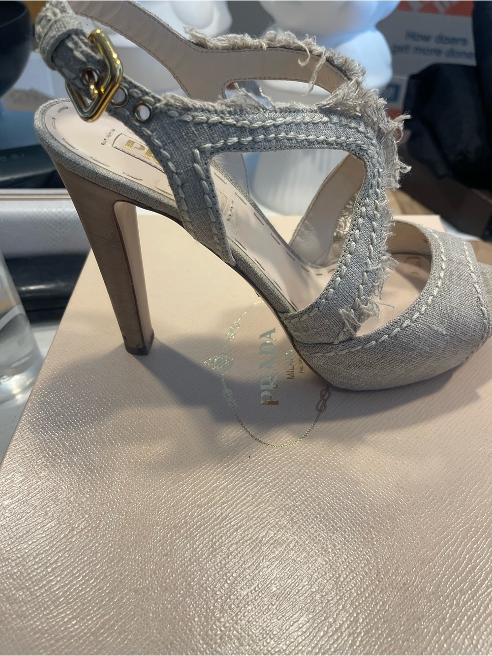 Prada rare taupe Frayed Cross-Strap Open-Toe Heel - Picture 2 of 4